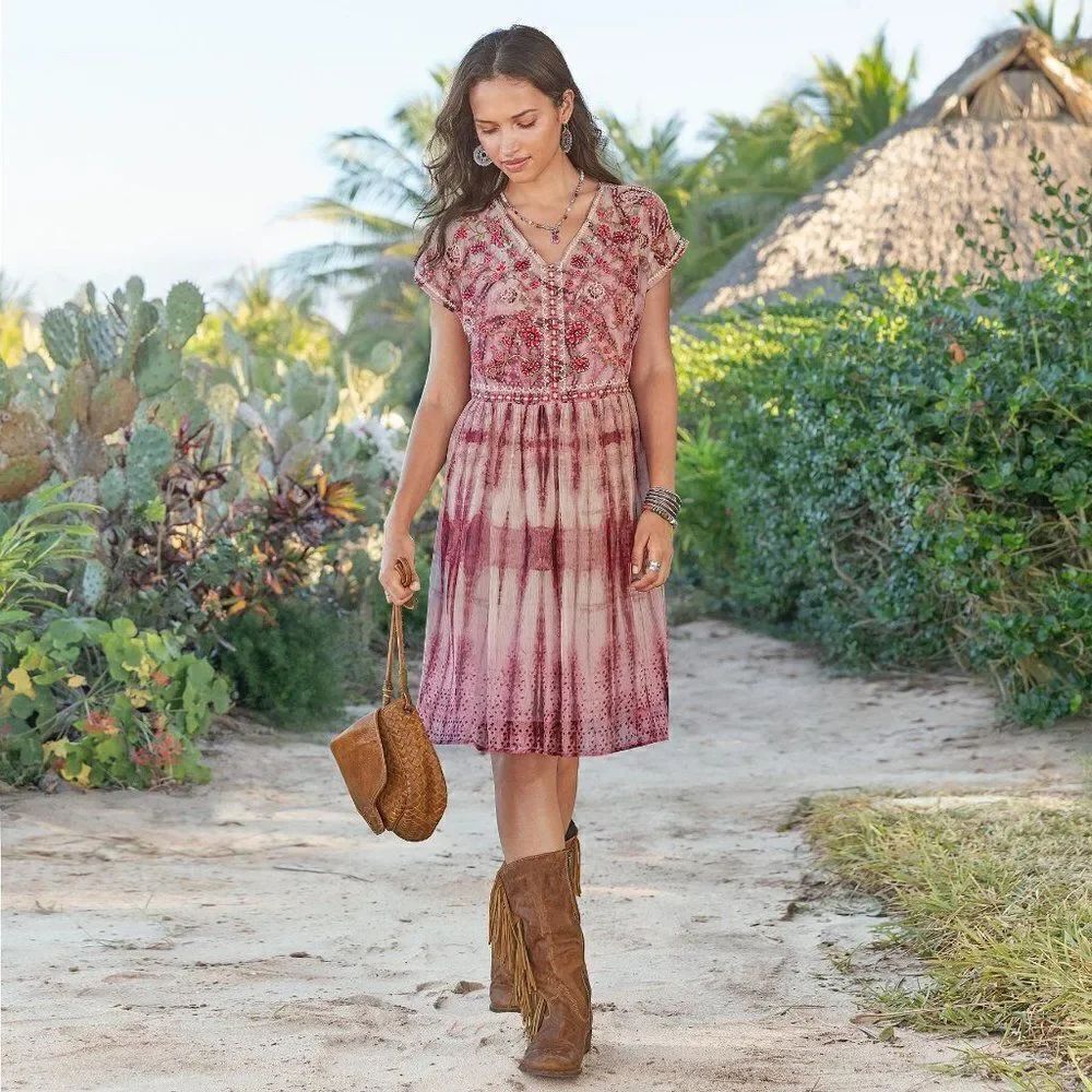 Sundance Gemiย Pink TieโDyeโFloralโEmbroideredโDress